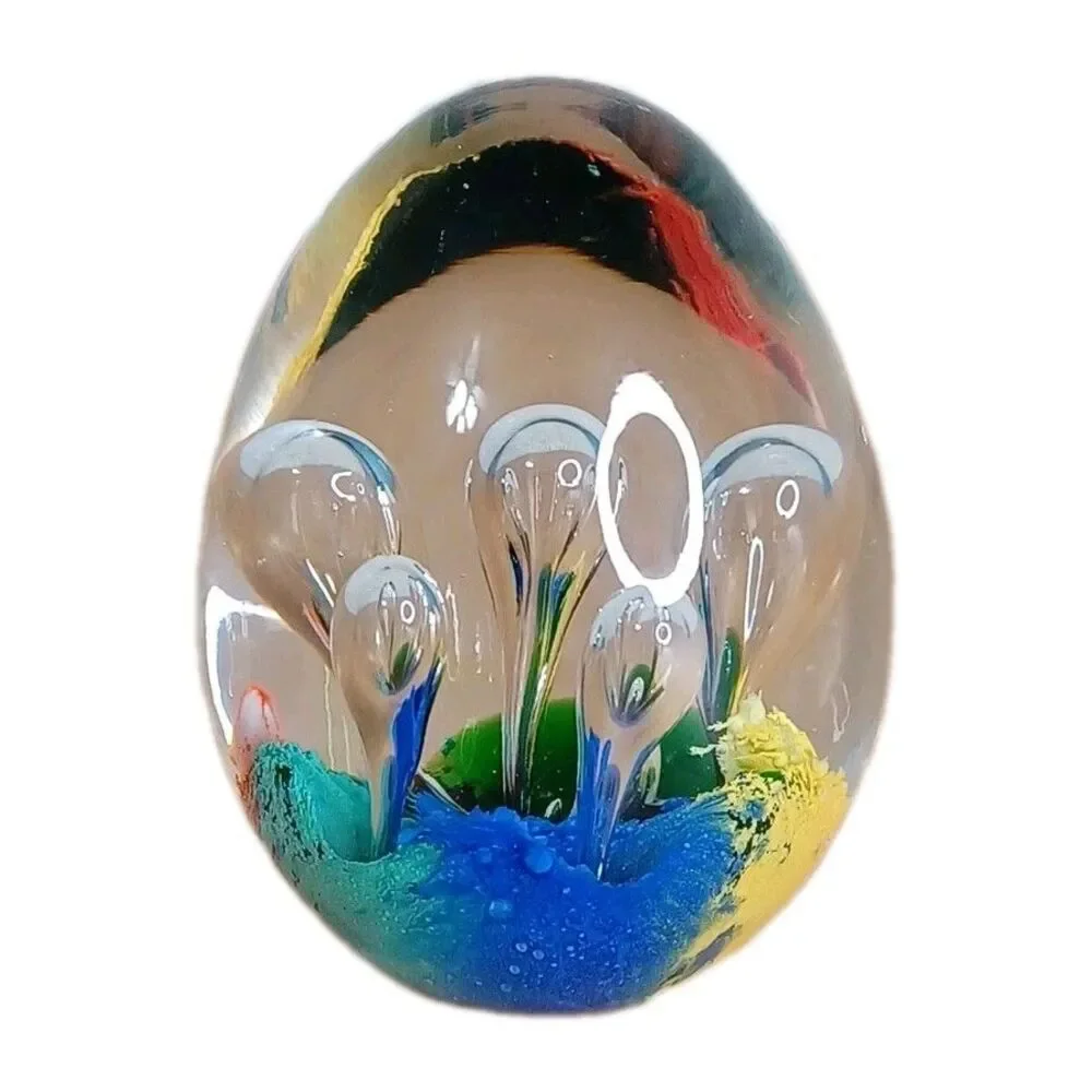Hand Blown Art Glass Paperweight Controlled Bubbles Blue Multicolor Polished 3”
